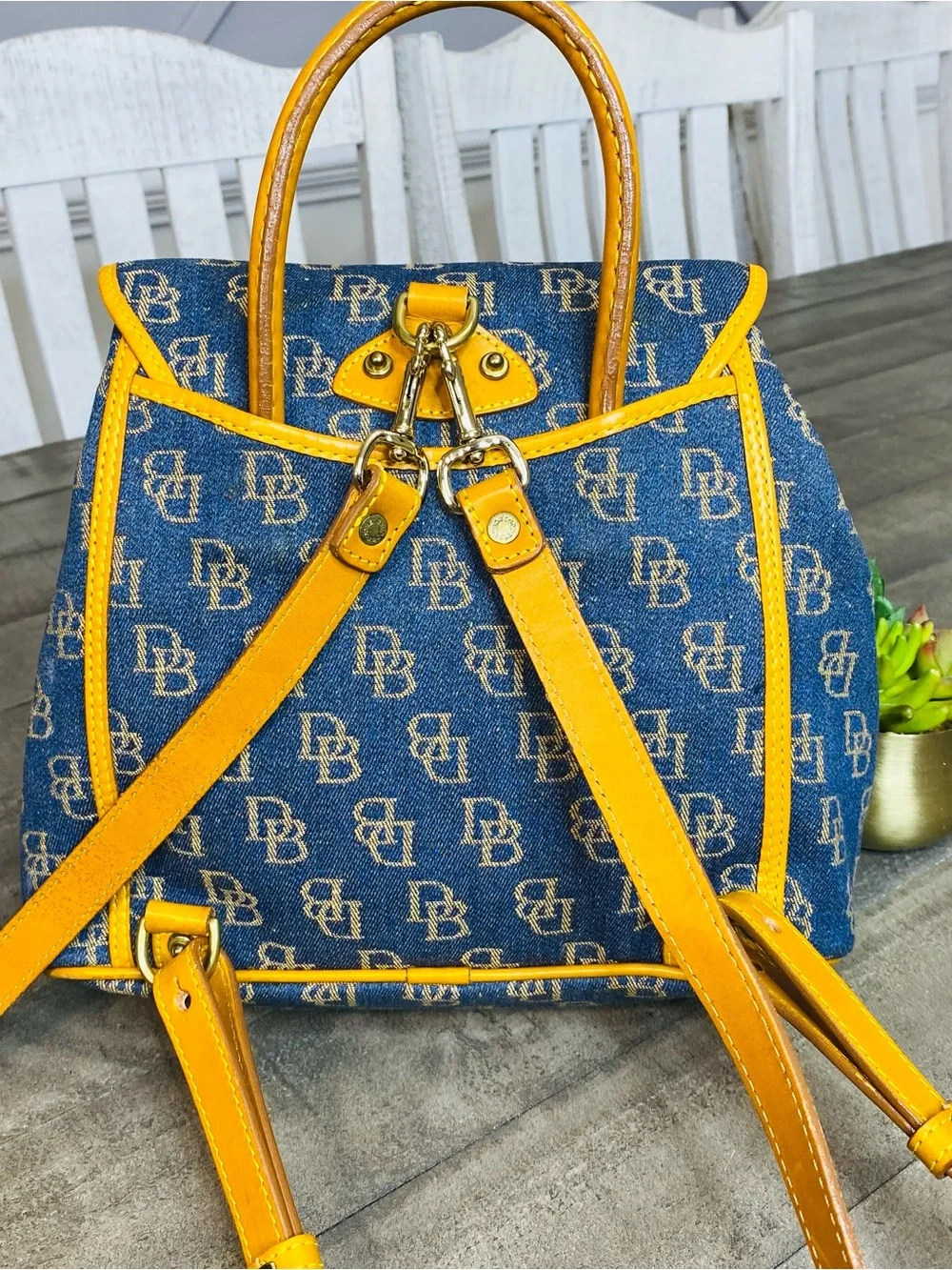 Vintage Dooney & Bourke Denim Monogram Backpack Purse DB Canvas Tan Leather Trim